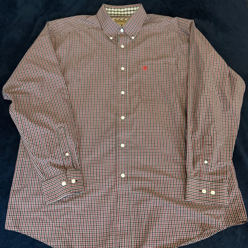 Ariat Mens XL Long Sleeve Wrinkle Free Plaid Western Button Down Shirt Red Black